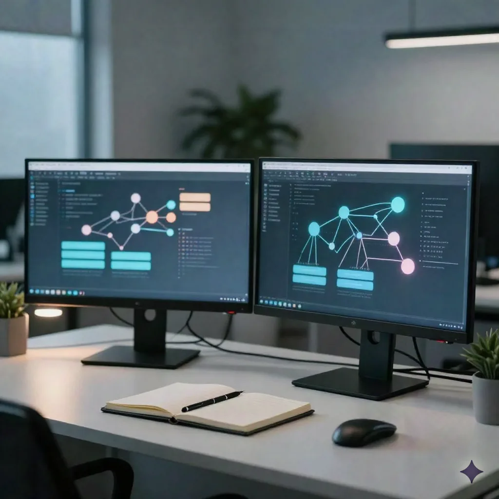 Office desk with dual monitors showing an abstract workflow diagram