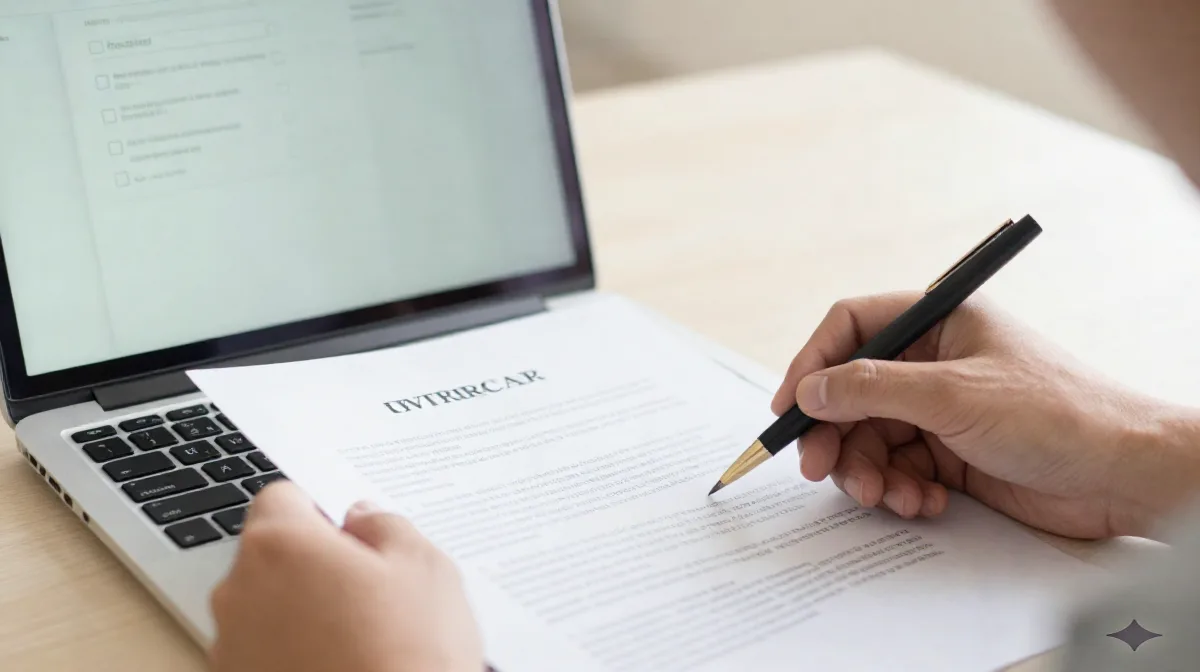 Hands reviewing a printed contract beside a laptop showing a checklist interface