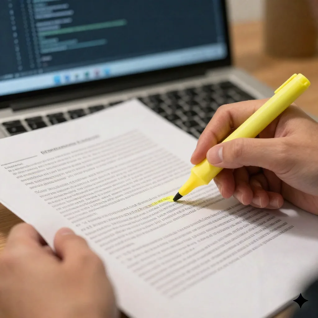 Close-up of hands highlighting a clause on a printed legal document with a laptop blurred behind