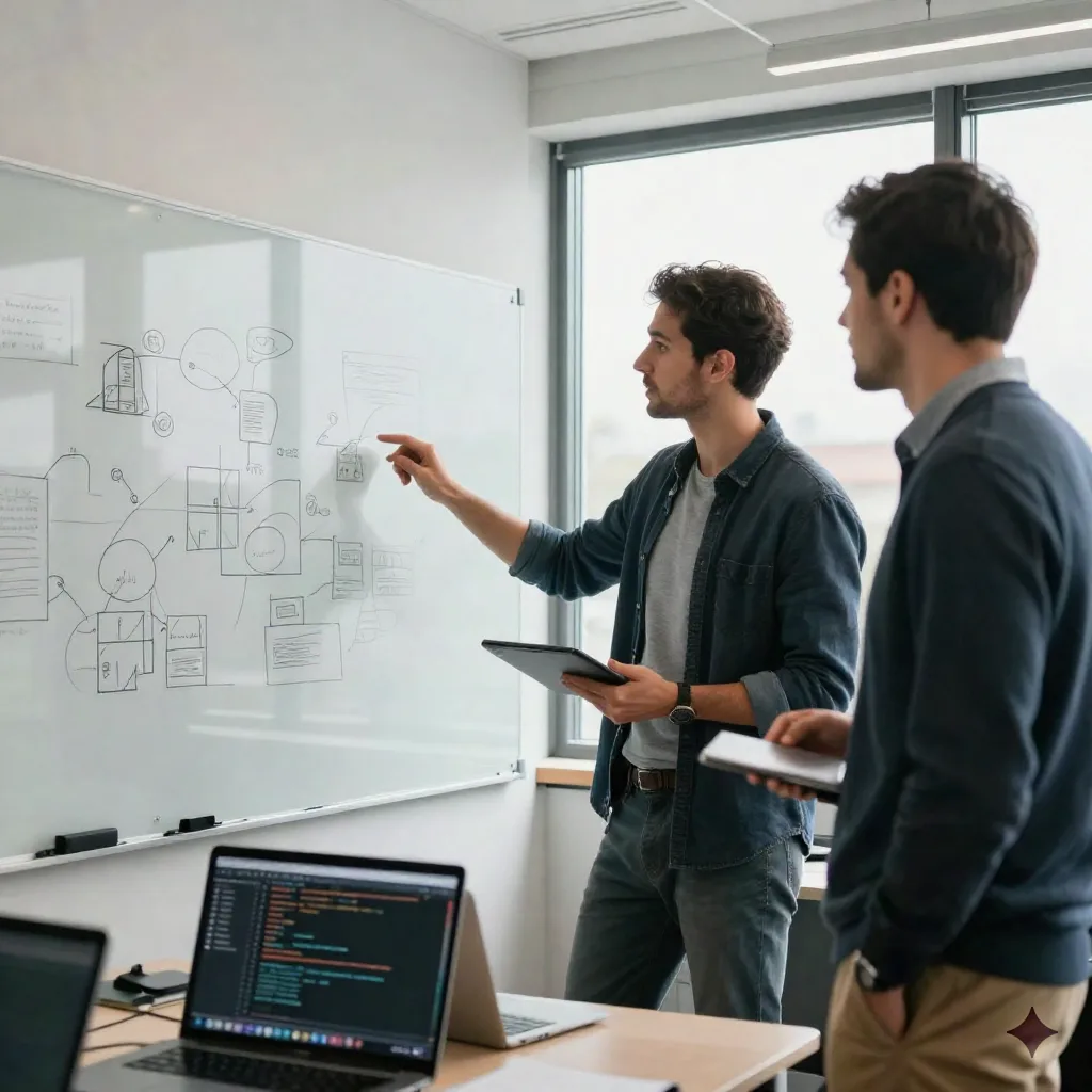 Two colleagues discussing a diagram at a whiteboard with laptops open on the table