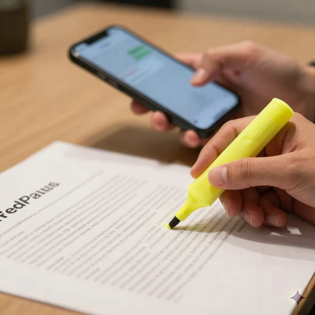 Hand highlighting a clause on a printed contract next to a phone with a blurred chat screen