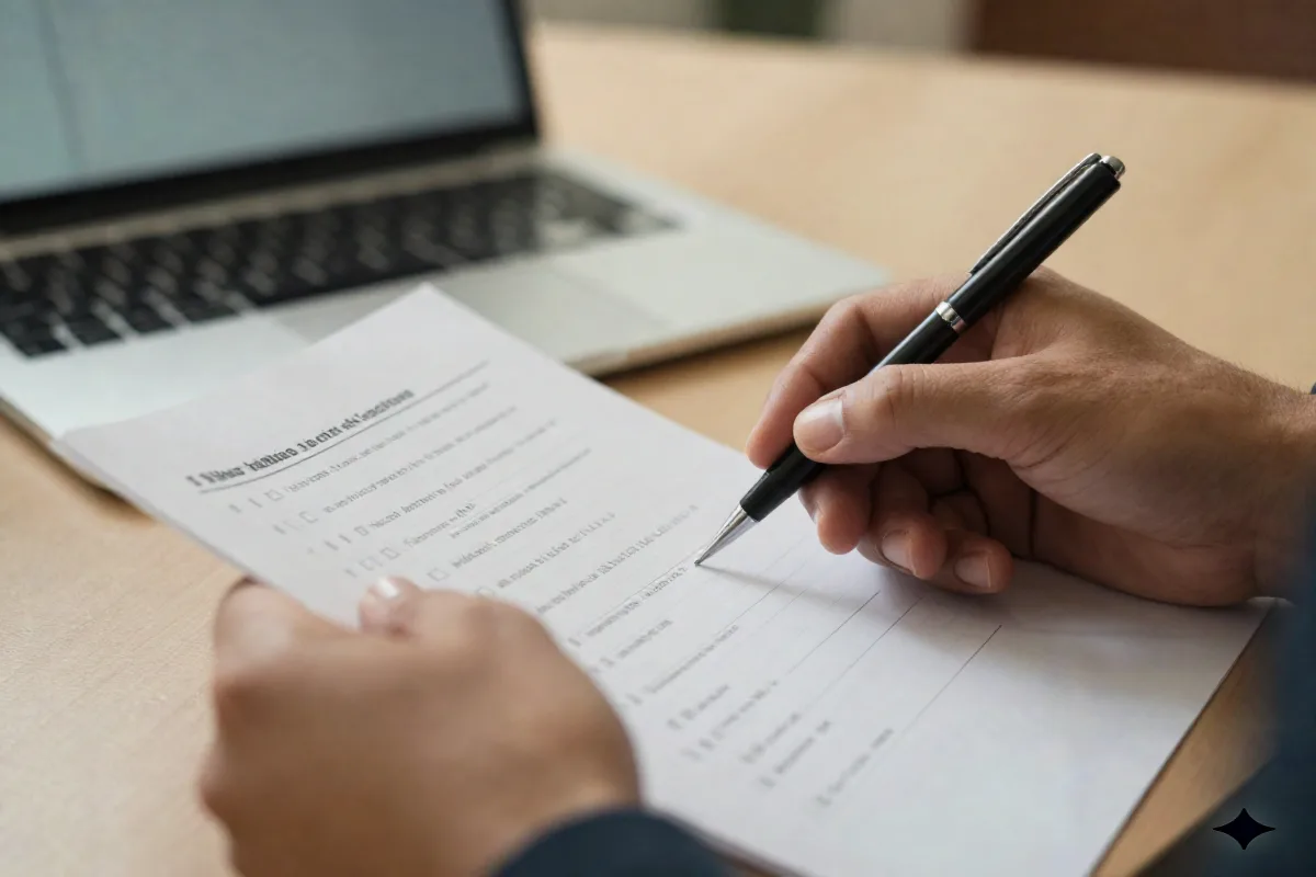 Close-up of hands reviewing a printed checklist with a pen