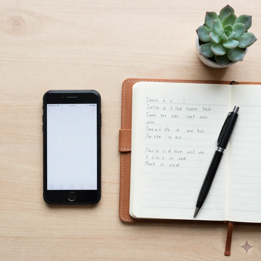 Flat lay of a smartphone with a chat interface next to an open notebook and pen