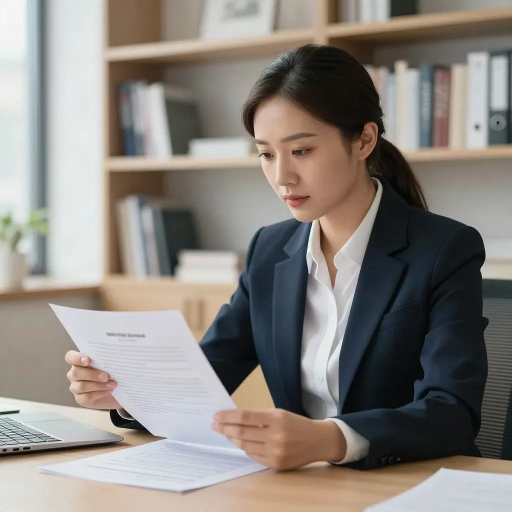사무실 책상에서 계약서를 검토하는 법률 전문가