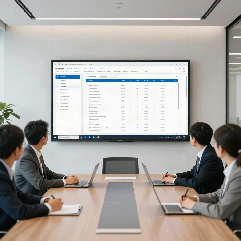 法務チームが会議室で大型スクリーン上のAI分析文書をレビューしている様子