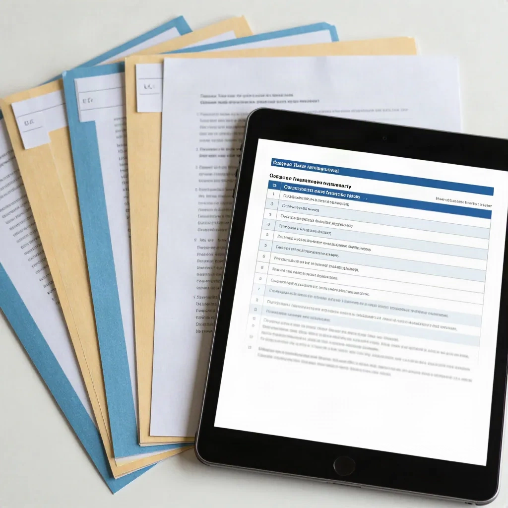 Organized legal document management with labelled folders and a tablet showing a contract review checklist