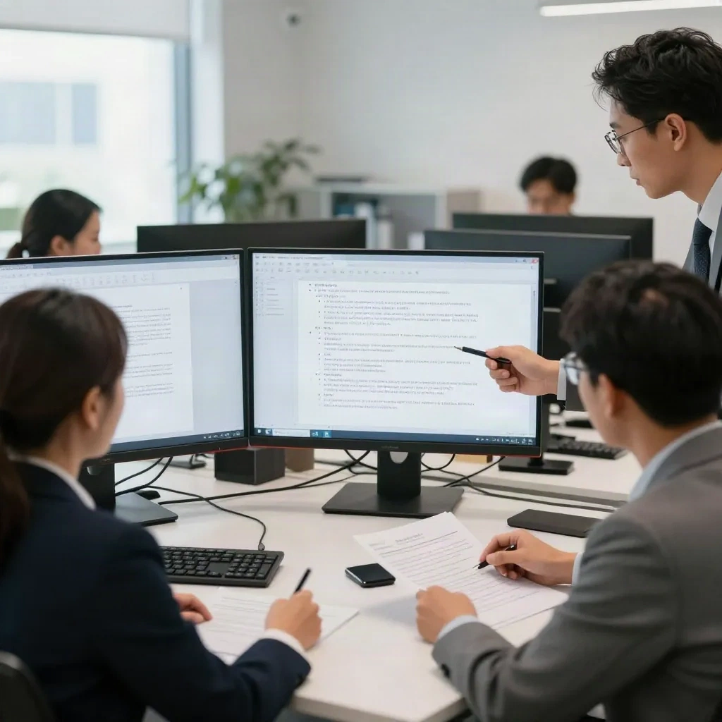 Zespół prawny in-house pracujący wspólnie nad analizą umów wspomaganą przez AI
