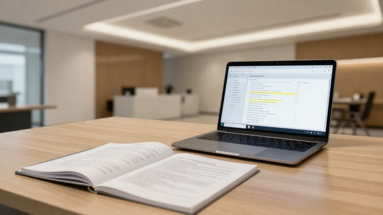 Bureau d'avocat avec contrats ouverts et interface d'analyse documentaire IA sur écran d'ordinateur