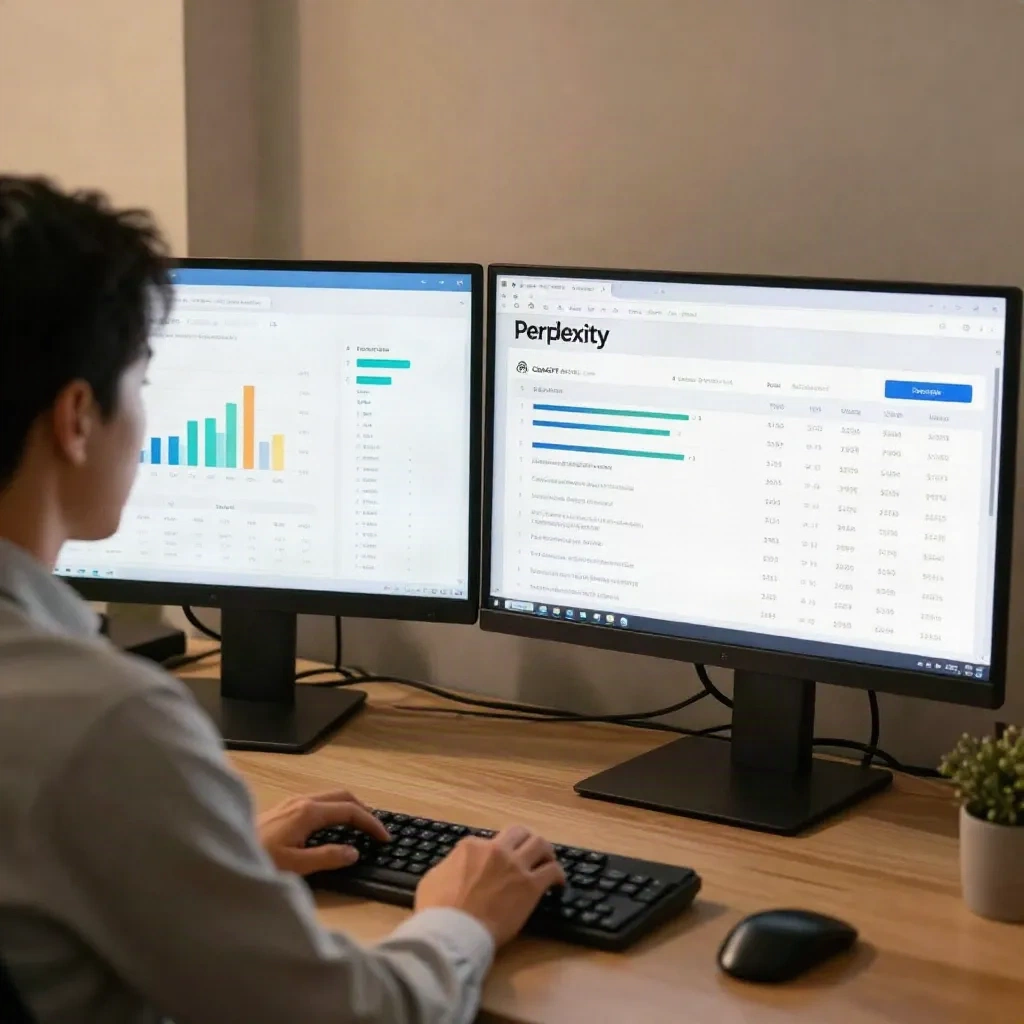 Legal professional monitoring AI referral traffic analytics from ChatGPT and Perplexity on dual screens