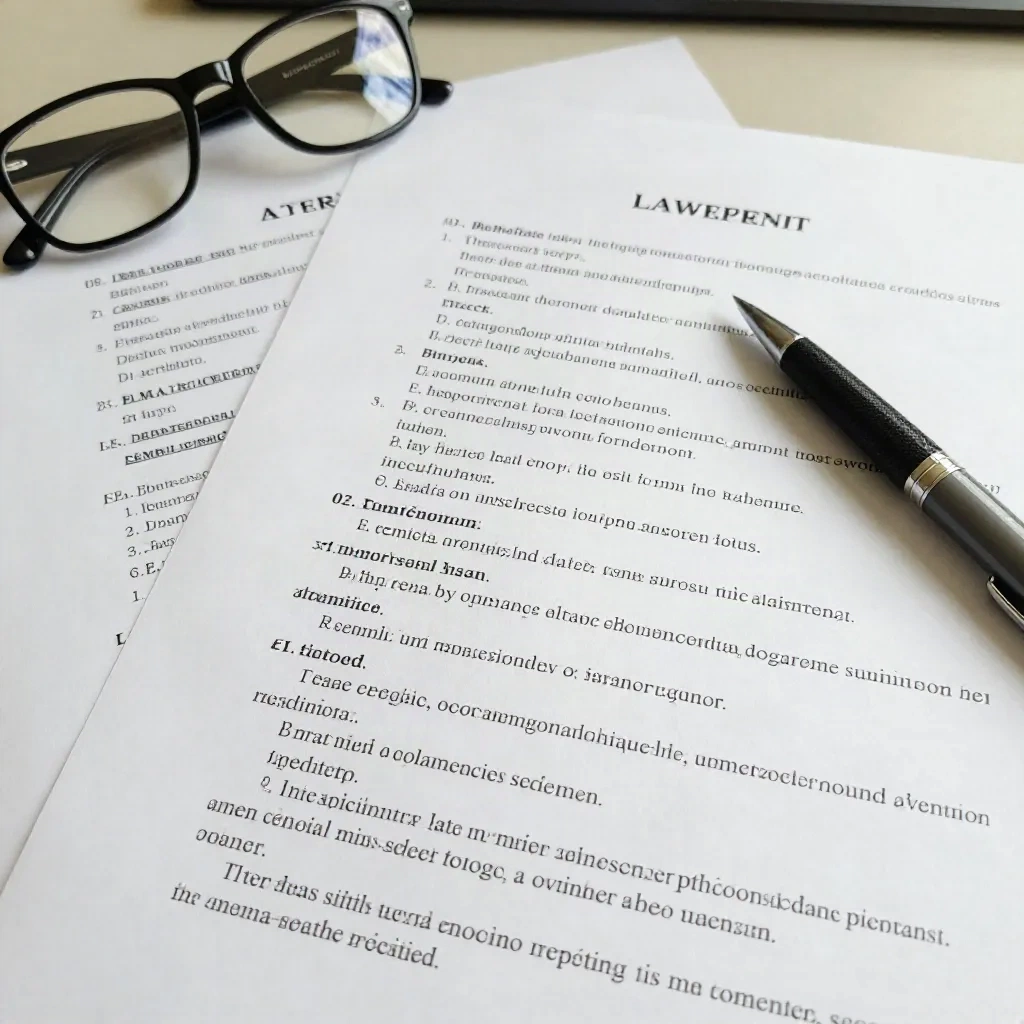 Legal contract document pages with highlighted clauses spread on a desk with reading glasses and pen