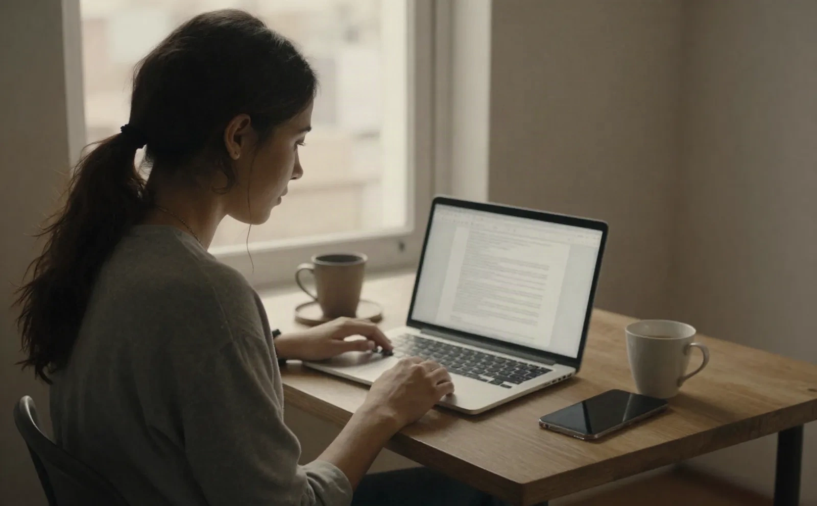 Freelancer reading a document on a laptop at a home desk