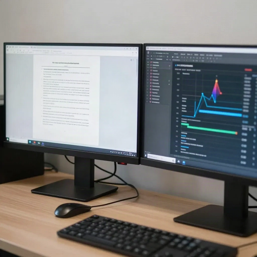 Two-monitor workstation with legal document on one screen and AI analysis output on the other