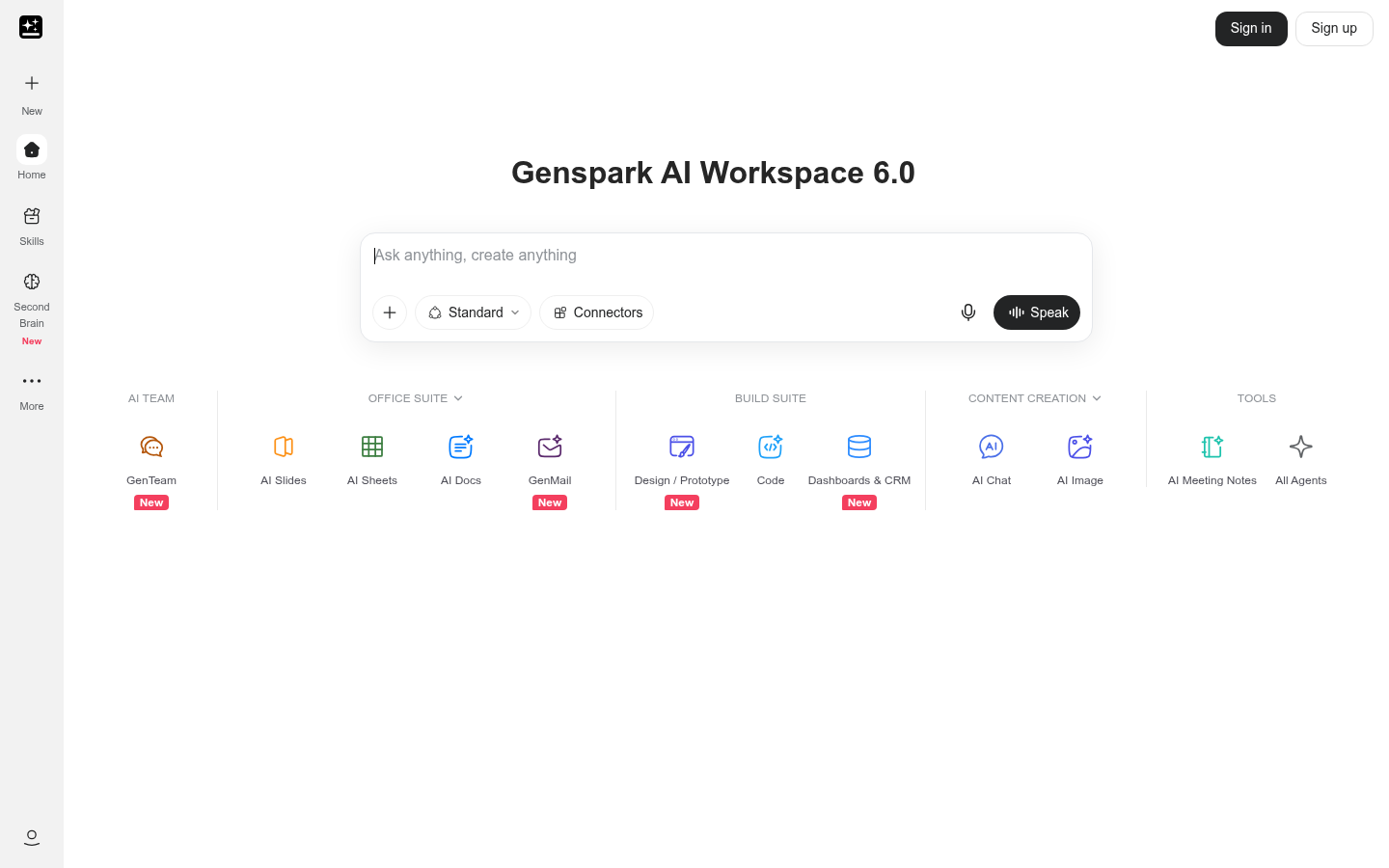 Schermata della homepage di workspace Genspark AI