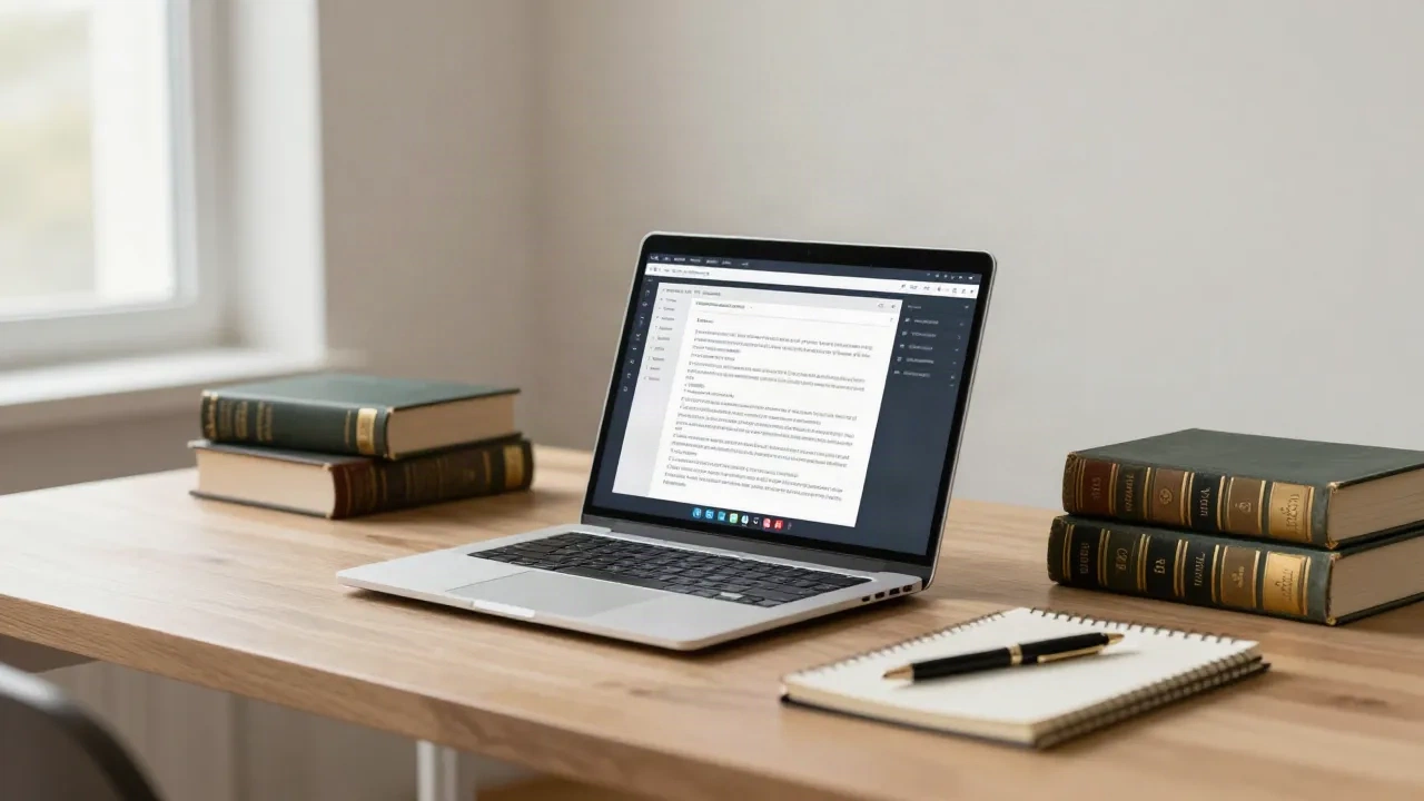 Professioneller Schreibtisch einer Rechtsanwaltskanzlei mit Laptop und Dokumentenanalyseschnittstelle