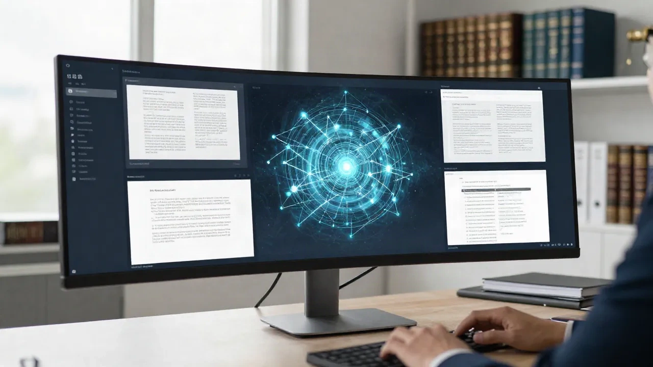 Lawyer using generative AI tools at a modern workstation for contract review and legal analysis