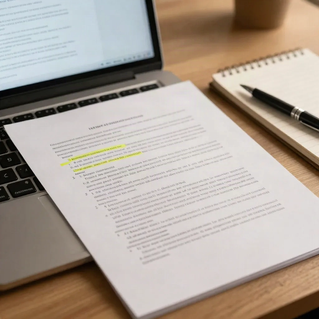 AI-assisted contract review: legal documents on a desk with digital analysis interface