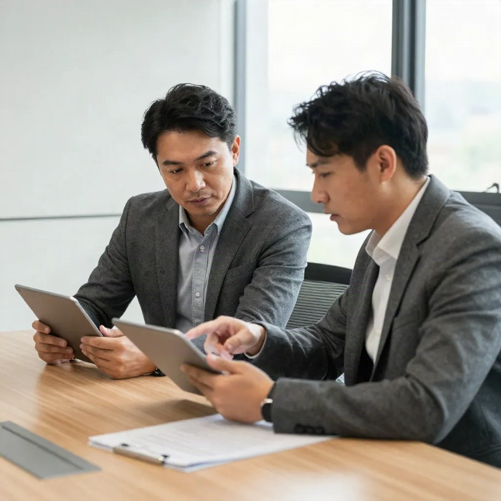 小規模事務所でタブレットを使って書類を確認する2人の弁護士