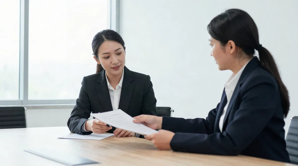 Two business professionals reviewing a contract document across a conference table
