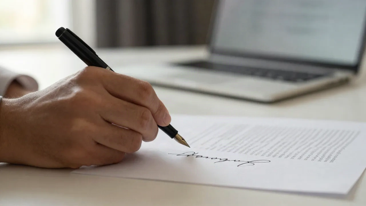 Primo piano di una mano che firma un contratto stampato con una penna a sfera accanto a un laptop aperto