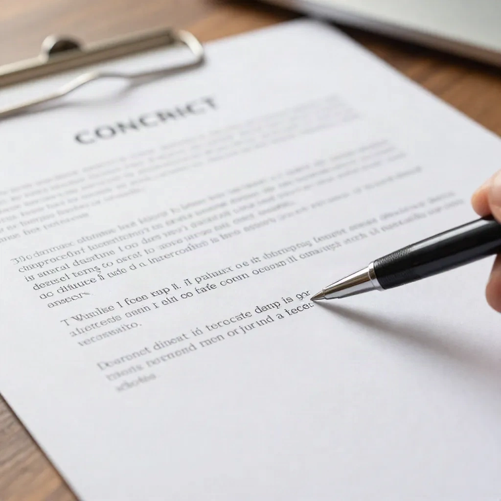 Close-up of a contract document with a pen marking a clause