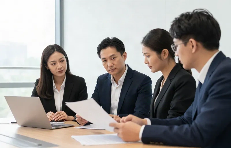 Small law firm team reviewing documents together