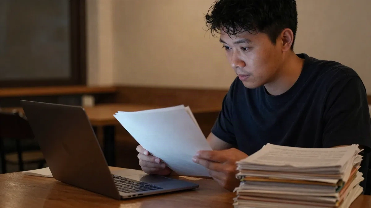 Person reviewing documents on a laptop in a quiet home office in the evening