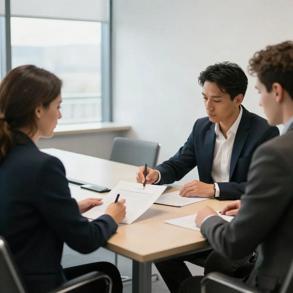 Two business professionals exchanging a signed agreement
