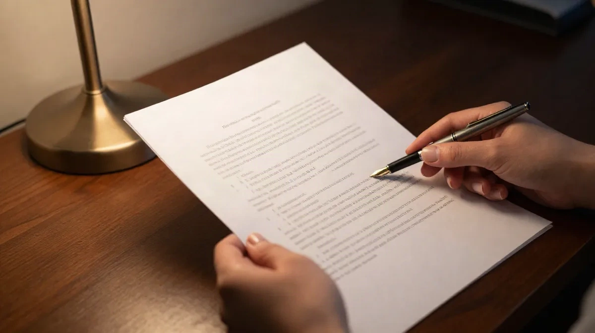 Hands reading a legal contract document with a pen on a wooden desk