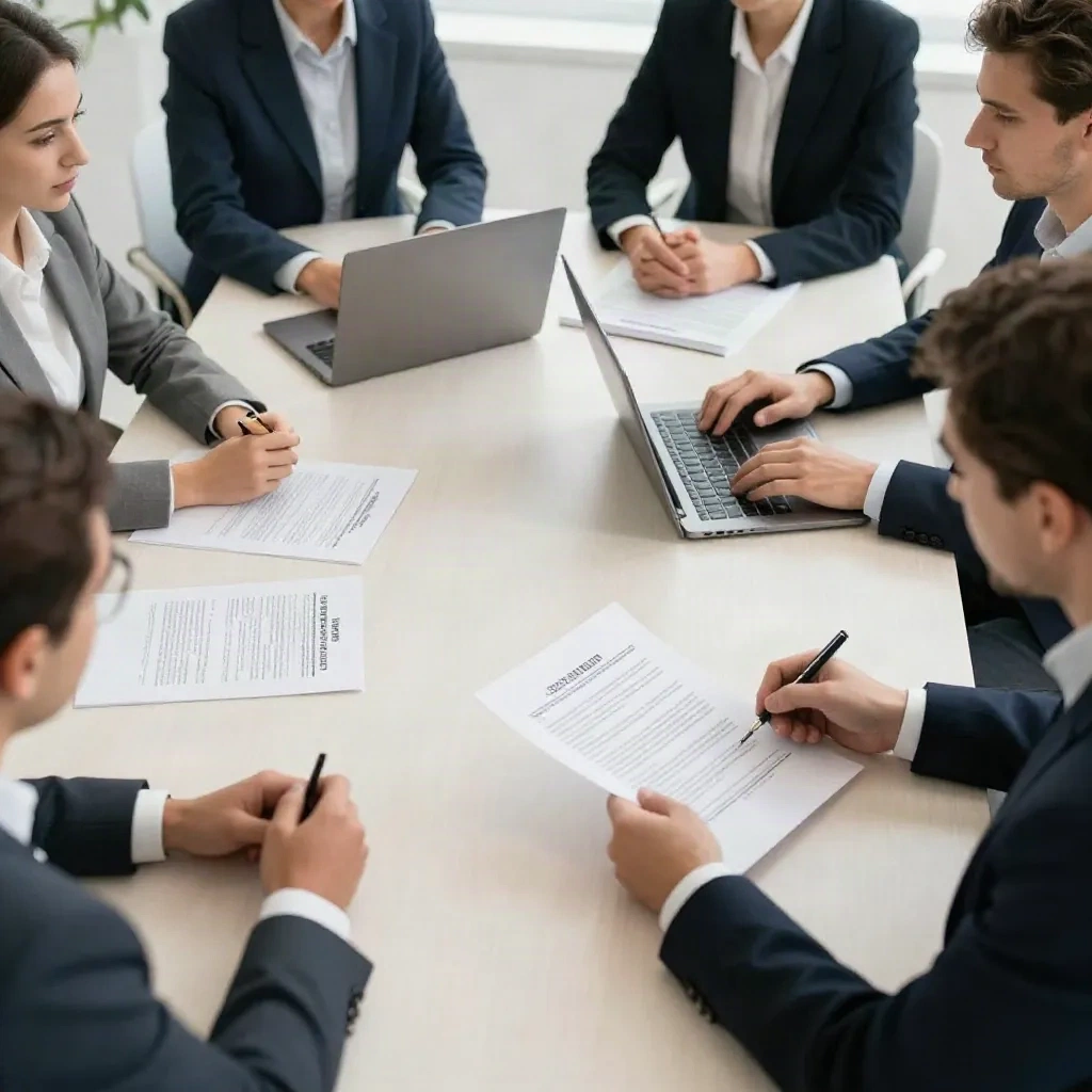 Legal and procurement team reviewing contracts together in a conference room