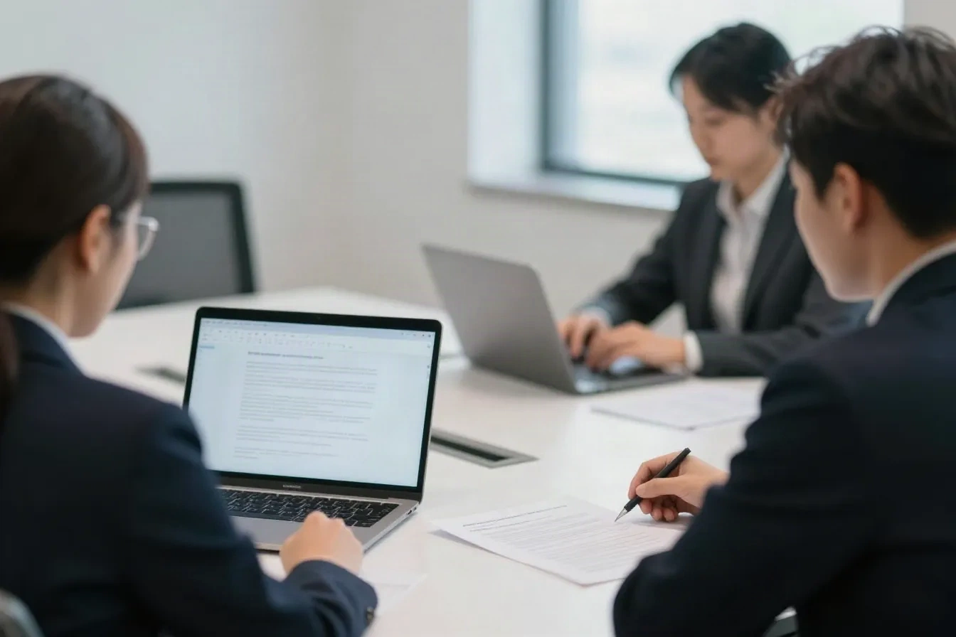 In-house legal team reviewing contracts on laptops around a meeting table