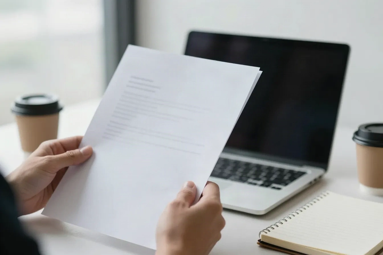 Procurement manager holding a printed agreement next to a laptop and notebook