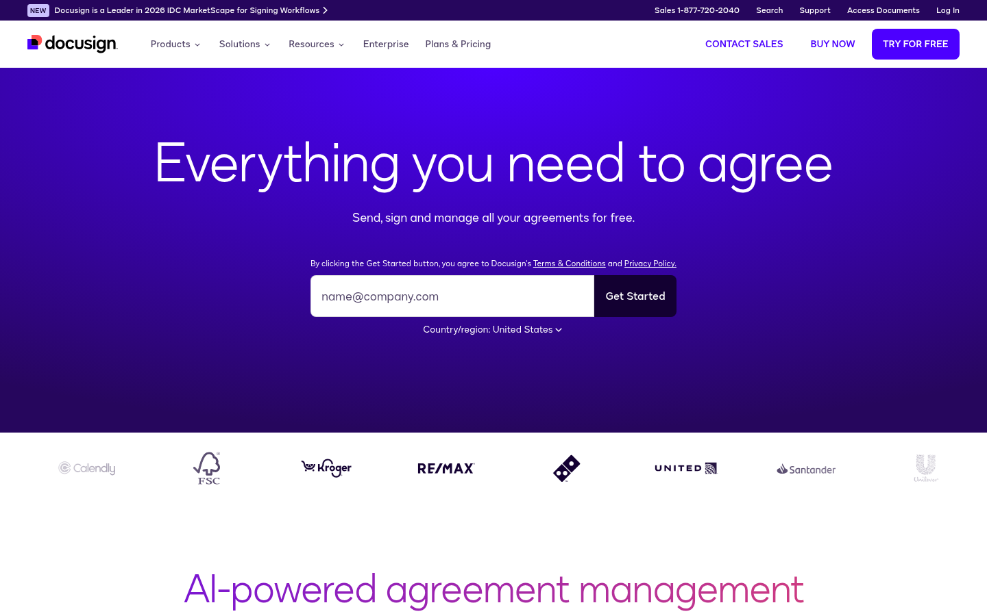 DocuSign 홈페이지 스크린샷: 계약 발송, 서명, 관리 기능 소개