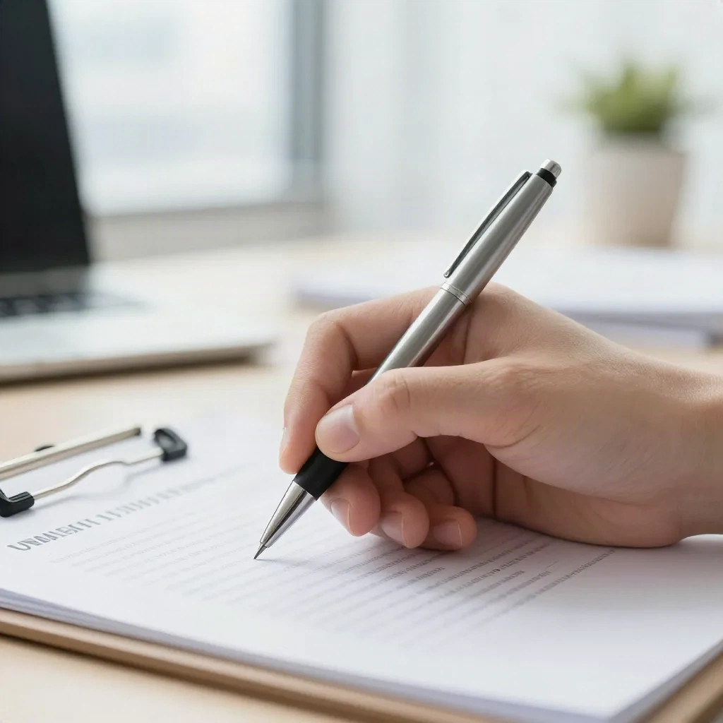 Une main tenant un stylo, s'apprêtant à signer un document sur un presse-papiers