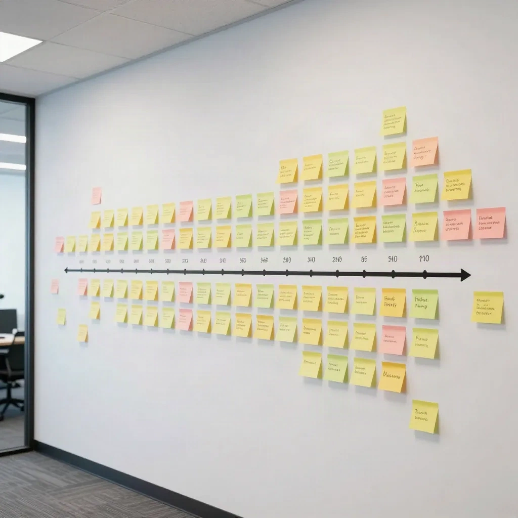 Muro di post-it disposti come una timeline di milestone di progetto