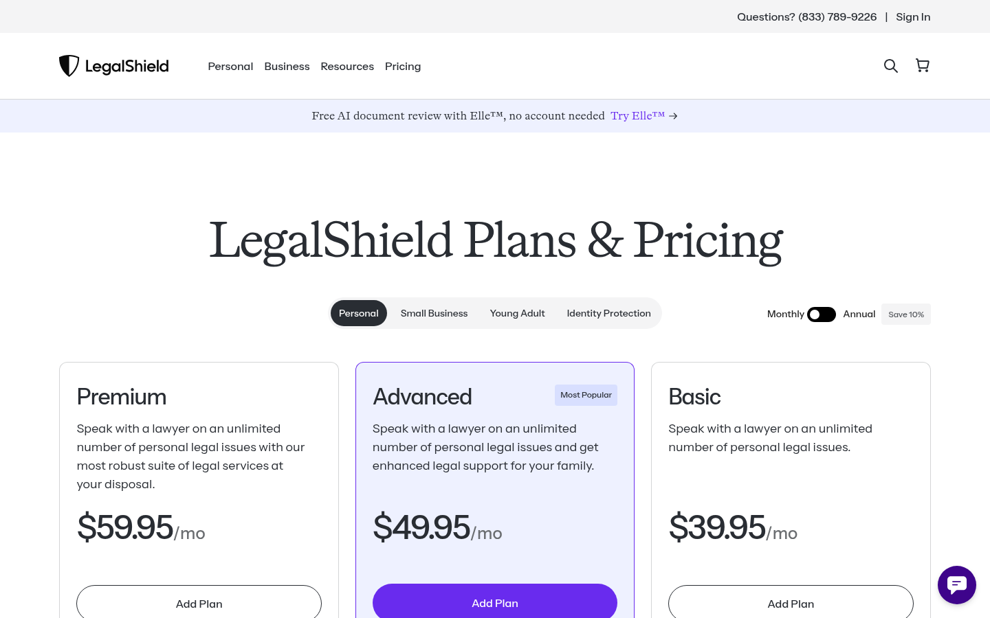 LegalShield personal pricing page showing Premium $59.95, Advanced $49.95 and Basic $39.95 per month