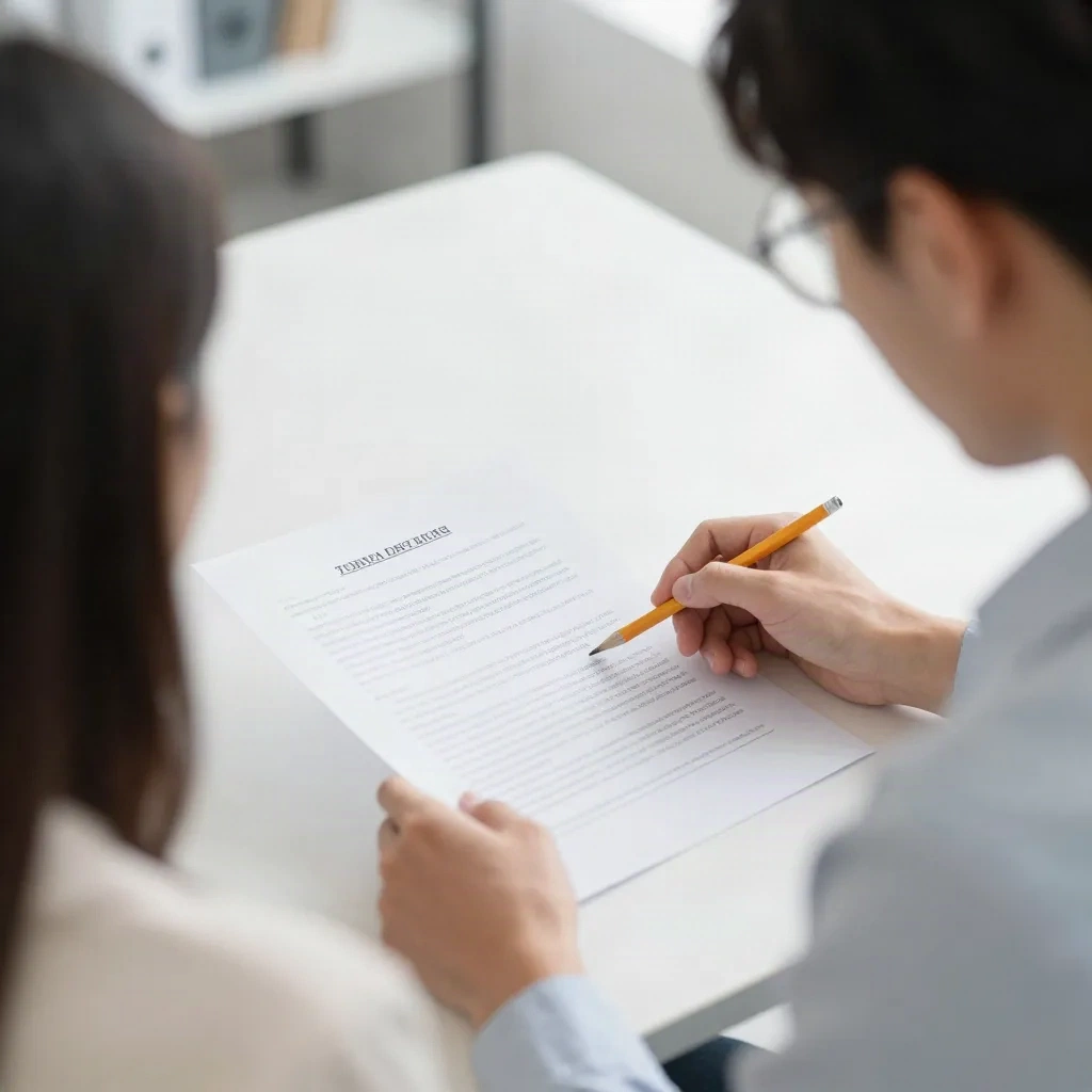 Deux collègues en train d'examiner un contrat imprimé ensemble, l'un pointant un paragraphe avec un crayon