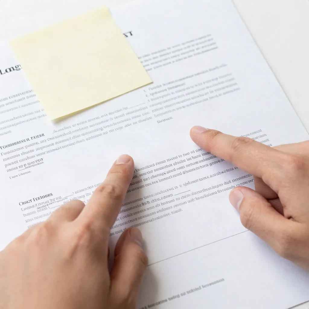 Mani che indicano sezioni con linguette su un contratto stampato