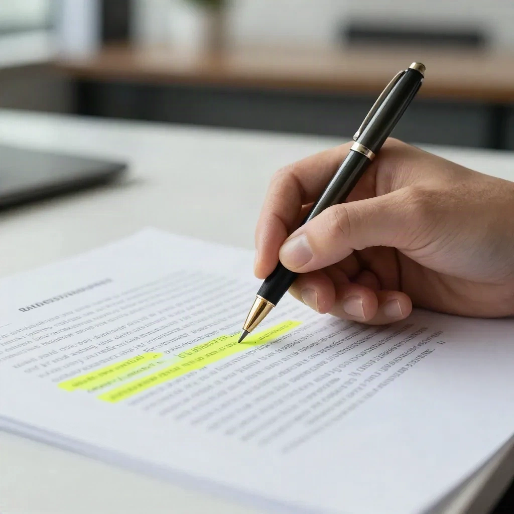 Hand mit Stift, die einen Absatz auf einem ausgedruckten Vertrag markiert