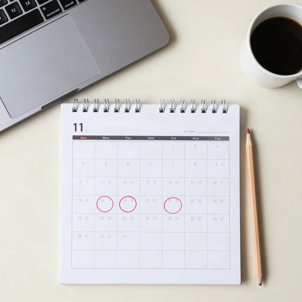 Calendrier papier avec plusieurs dates entourées au crayon rouge, à côté d'un ordinateur et d'une tasse de café
