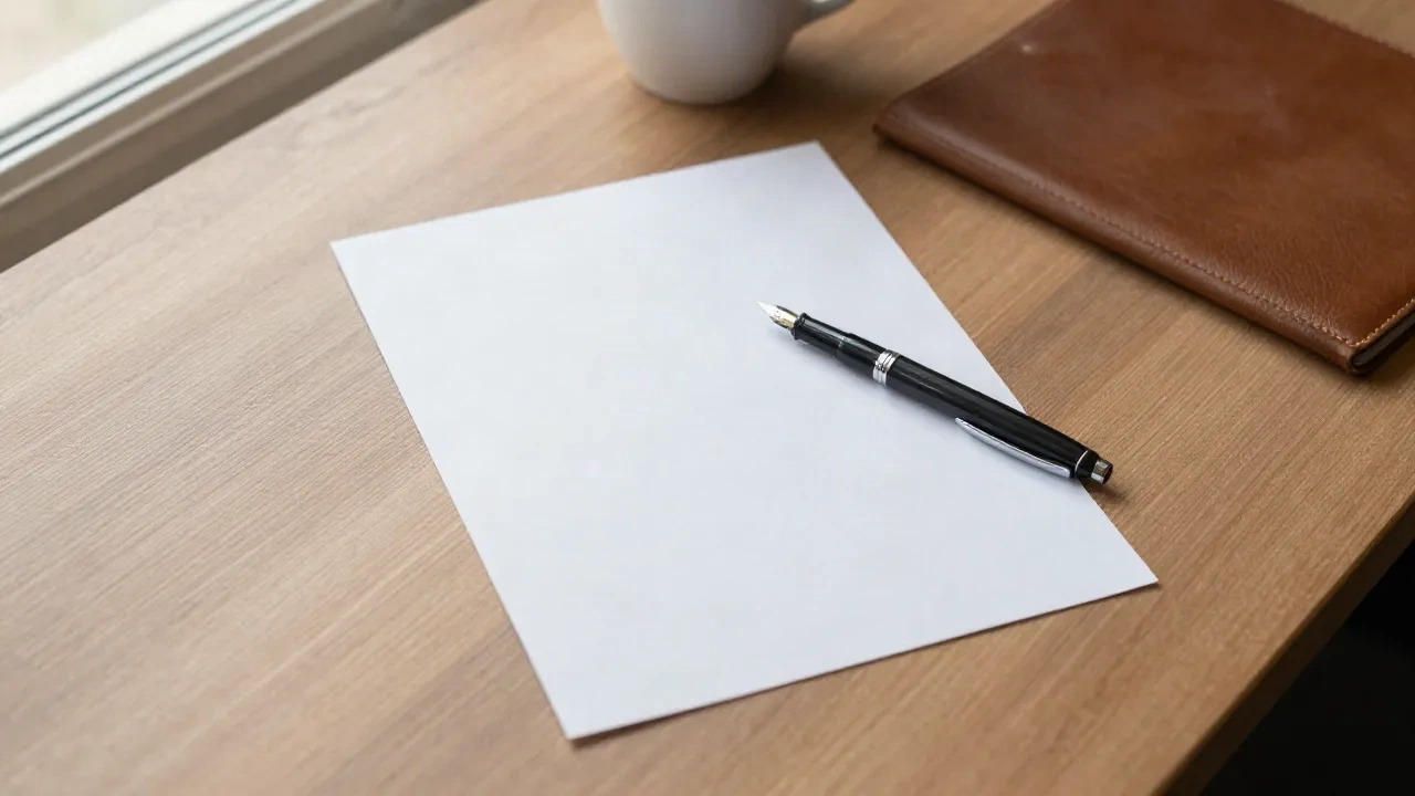 Foglio di lettera bianco con penna stilografica su una scrivania di legno accanto a una cartellina in pelle