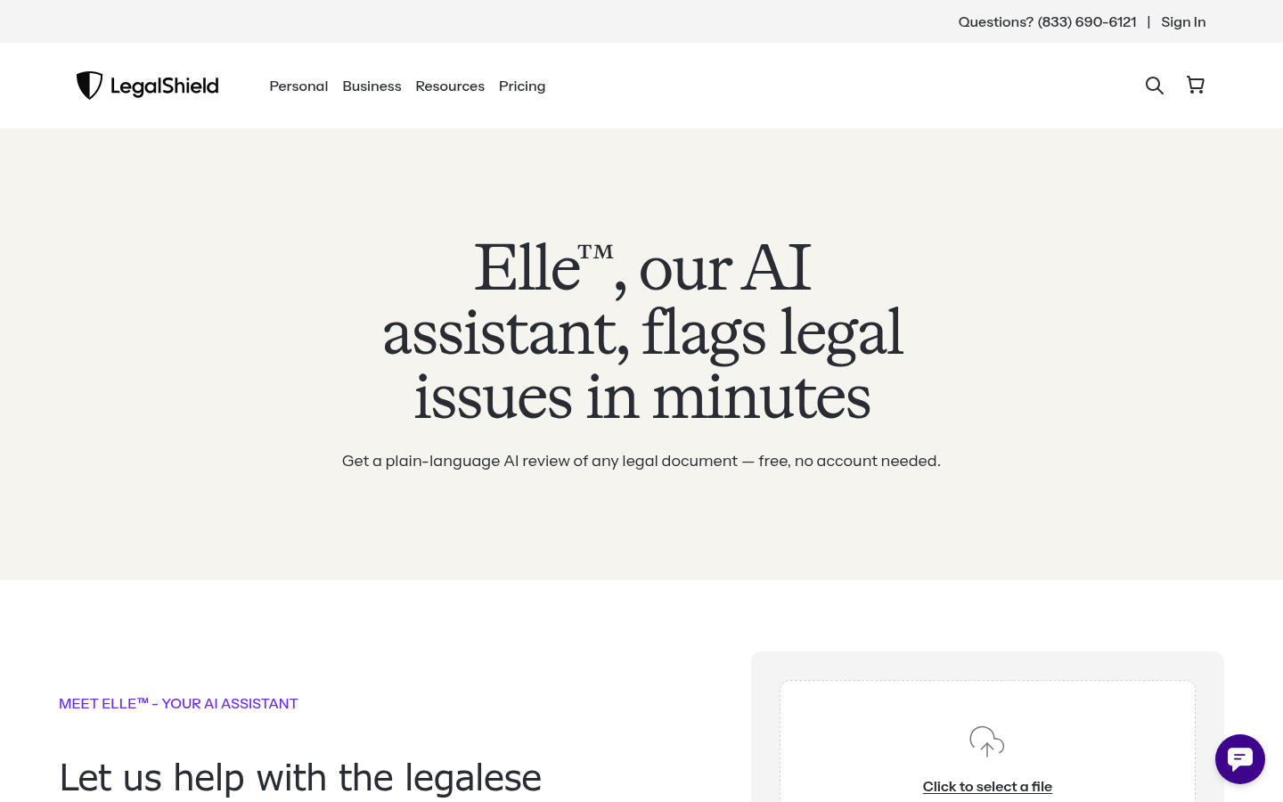 LegalShield Elle AI document review page with a file upload box