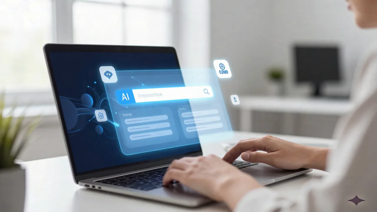 A modern digital workspace illustrating the concept of GEO - generative engine optimization for AI search engines