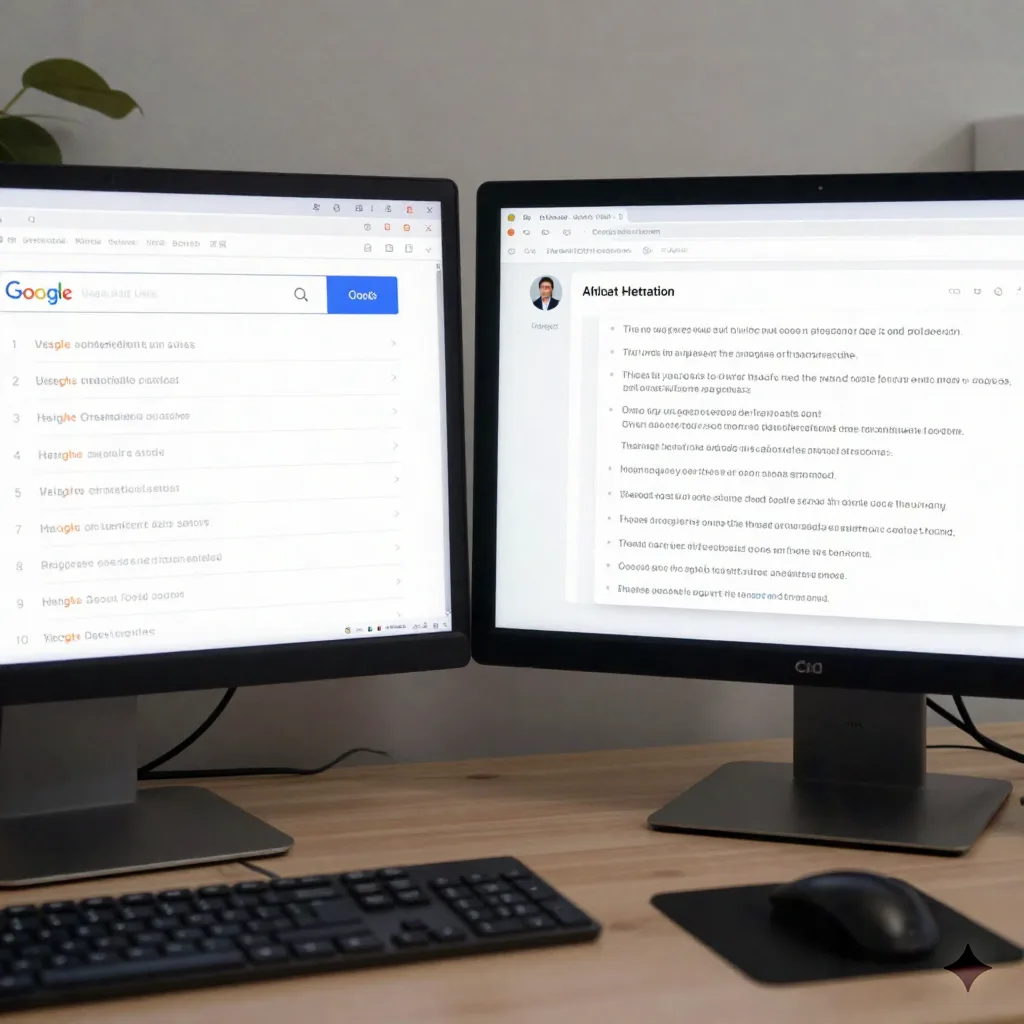 Porównanie tradycyjnych wyników wyszukiwania Google z interfejsem chatbota AI