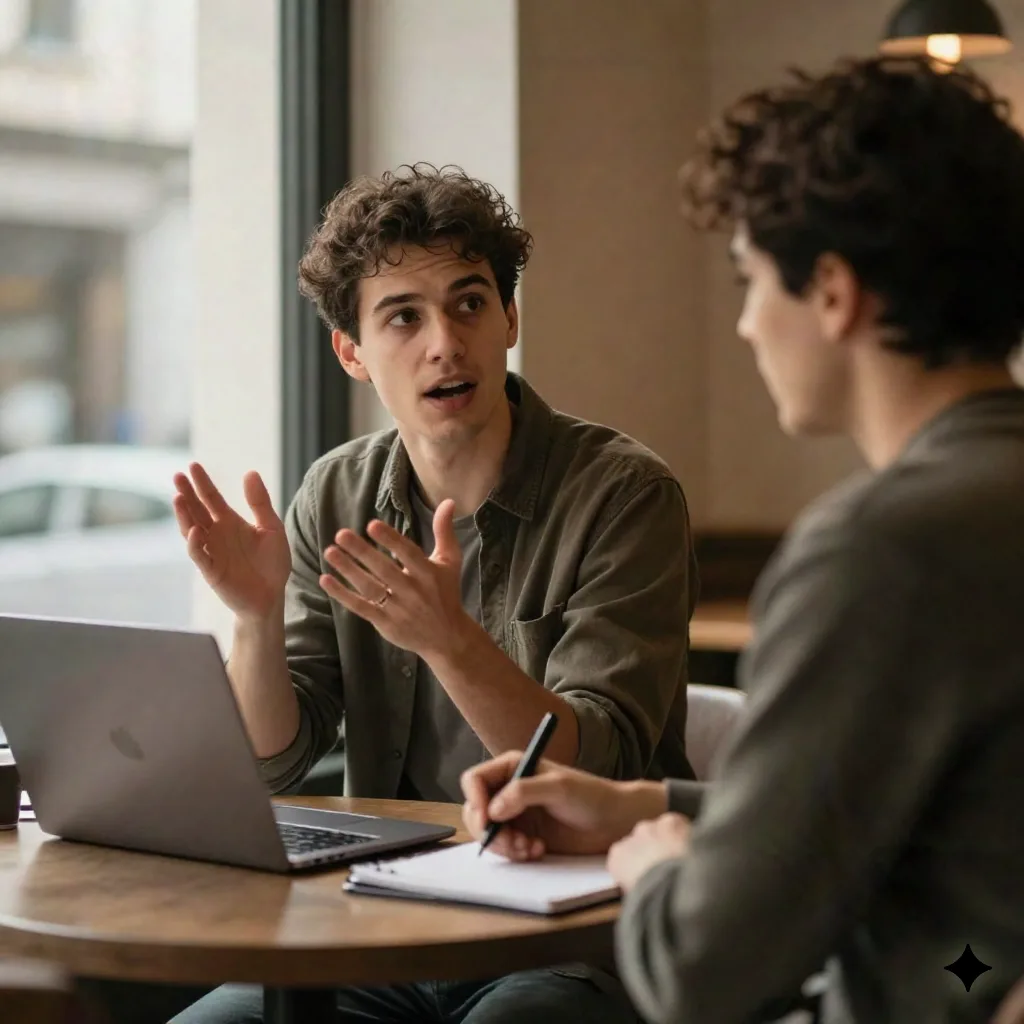 Two colleagues testing how a candidate brand name sounds out loud at a cafe table