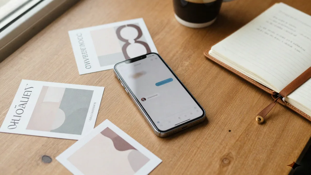 Flat lay di uno smartphone che mostra un'interfaccia di chat IA sfocata accanto a mood board di naming di brand e un quaderno