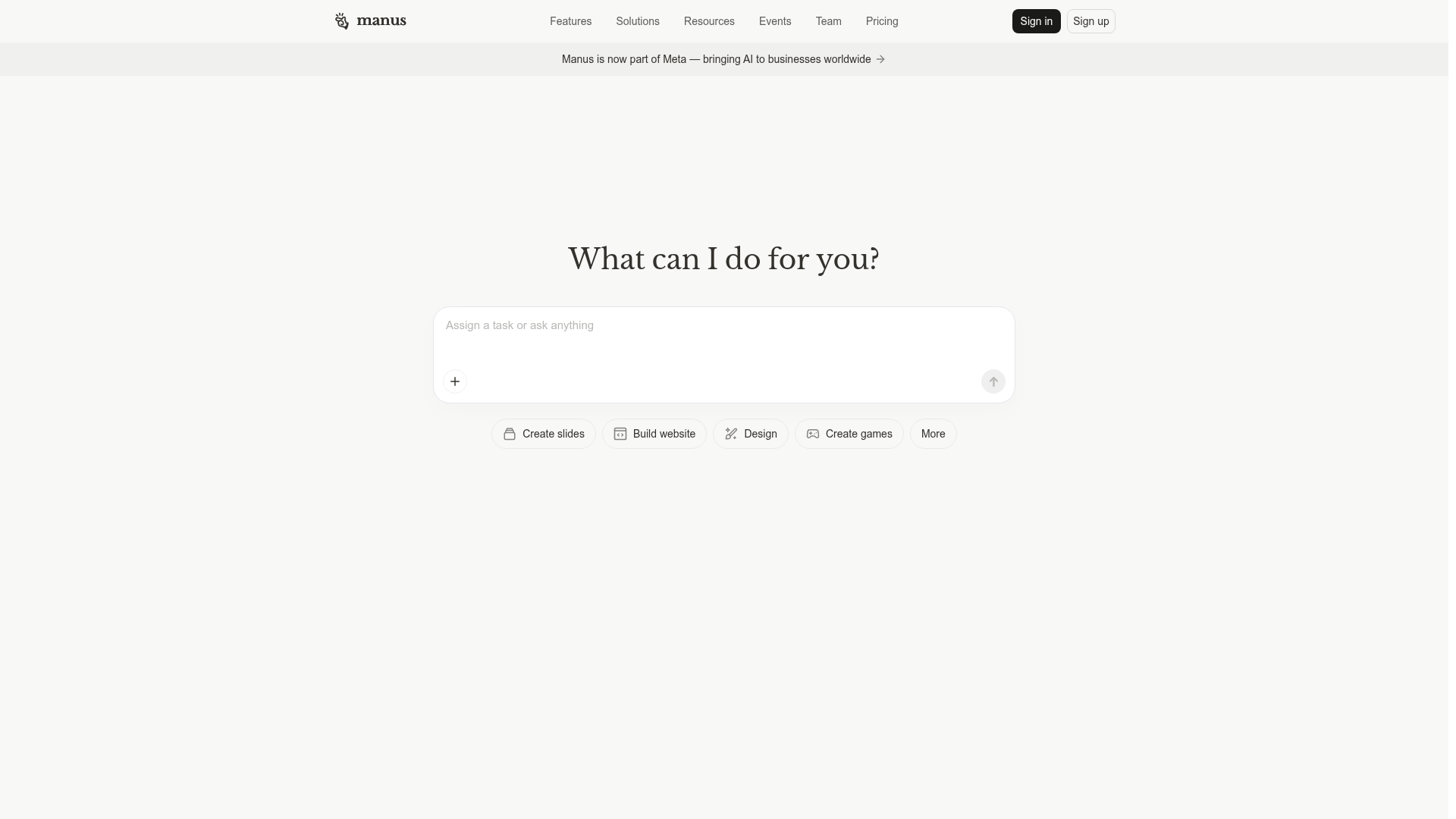 Screenshot da homepage do Manus AI
