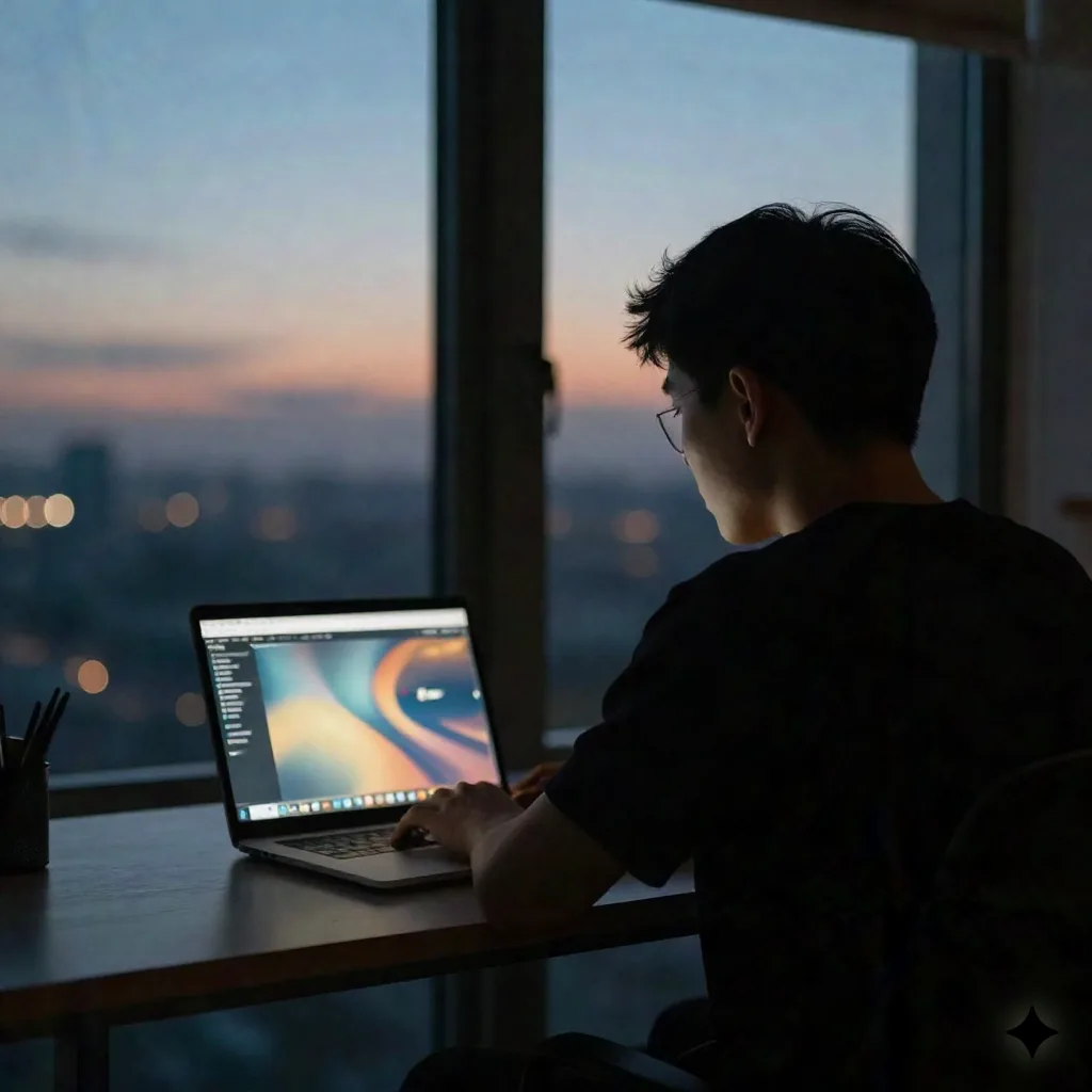 Person checking how their brand name appears in an AI assistant late in the evening