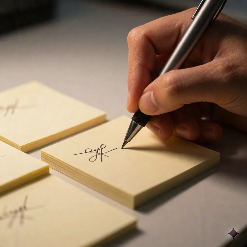 Close-up of a hand narrowing down candidate names on sticky notes
