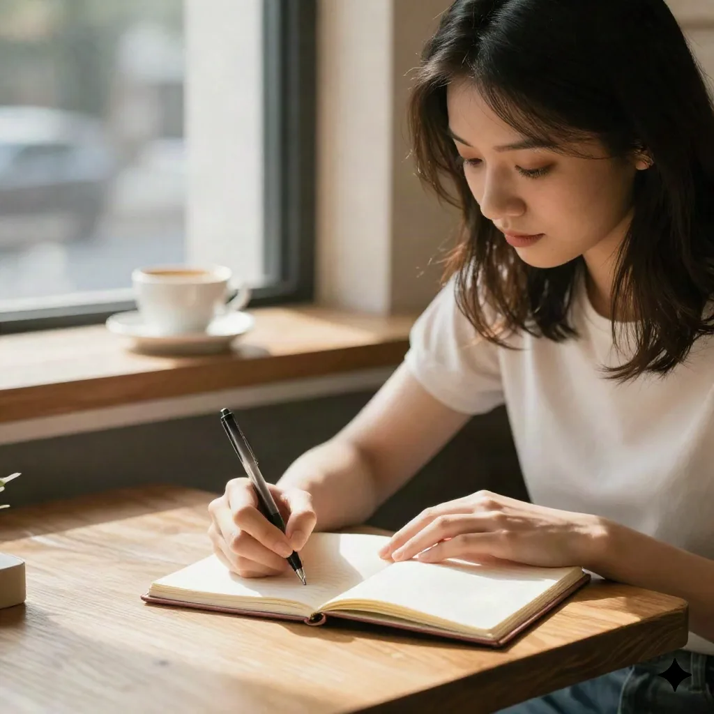 温かい午後の光の中でカフェのテーブルでノートに名前を書いている若い女性