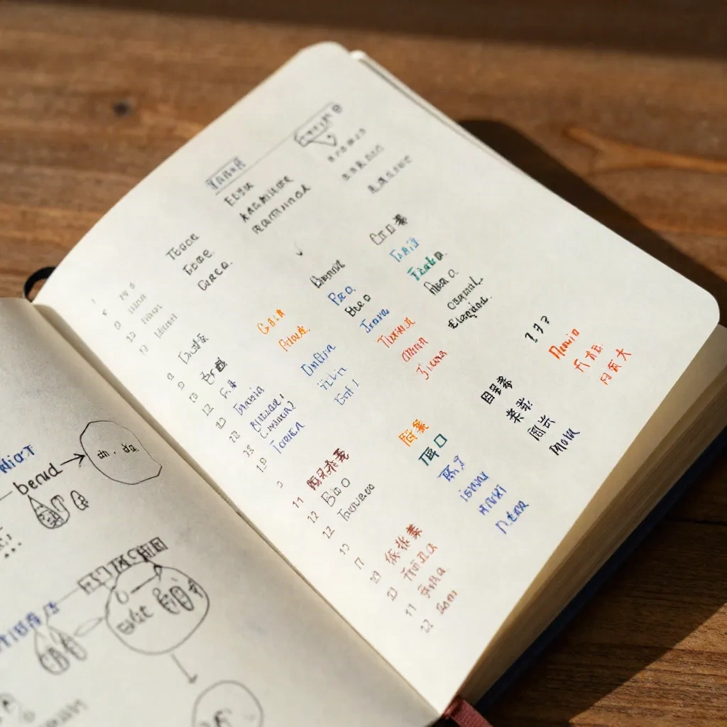 Notitieboek met handgeschreven personagesnamen en genealogieschetsen voor een fantasieroman